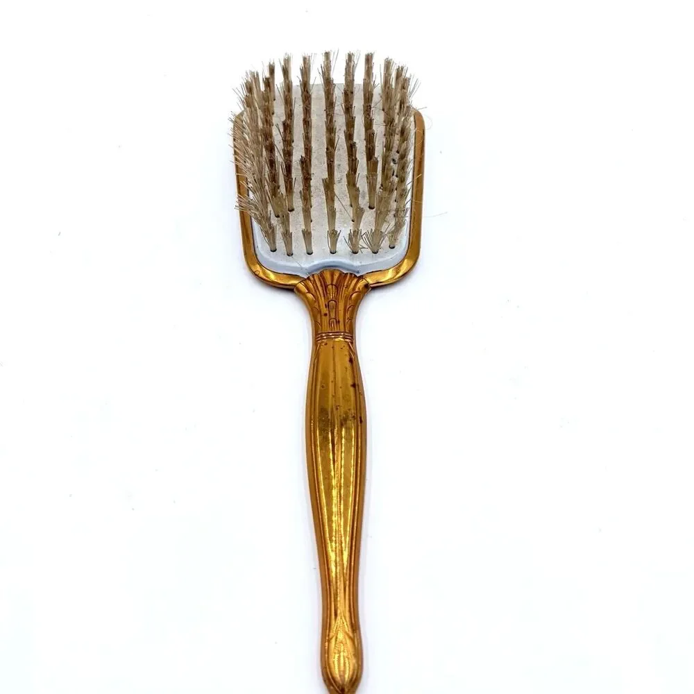 Vintage Gold Tone Vanity Hair Brush Floral Heart Dresser Brush